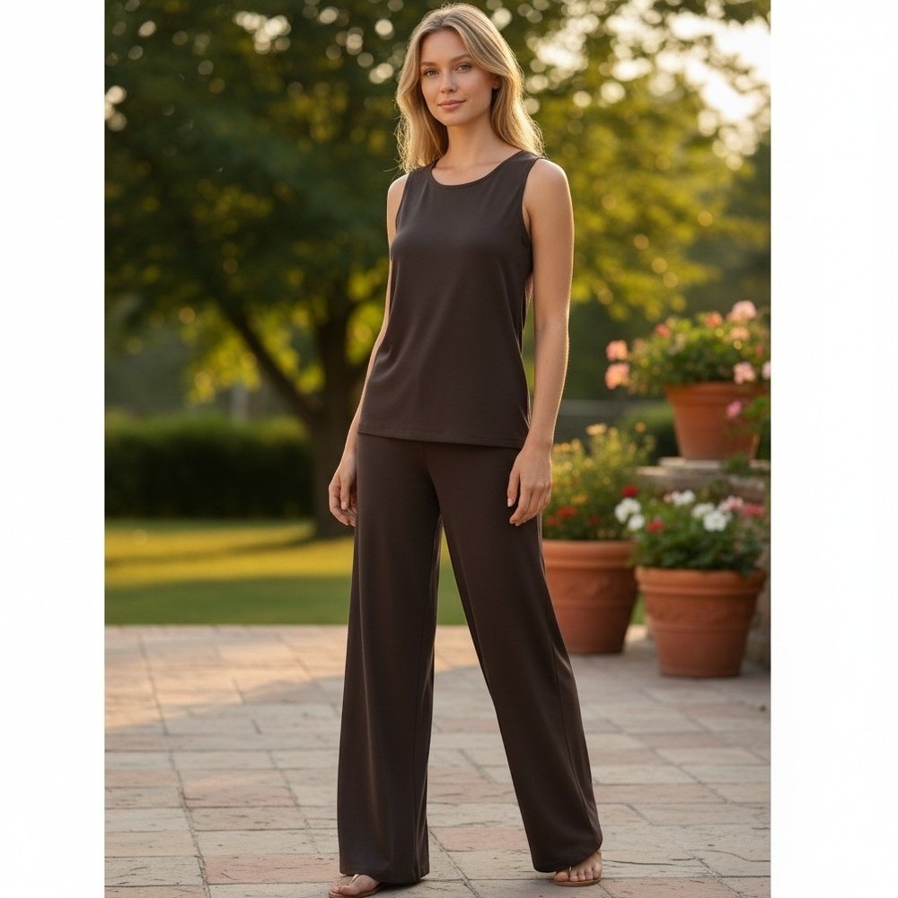 Uniqlo 2 Piece Lounge Office Wear Set Sleeveless Top Wide Leg Pants Brown Size L